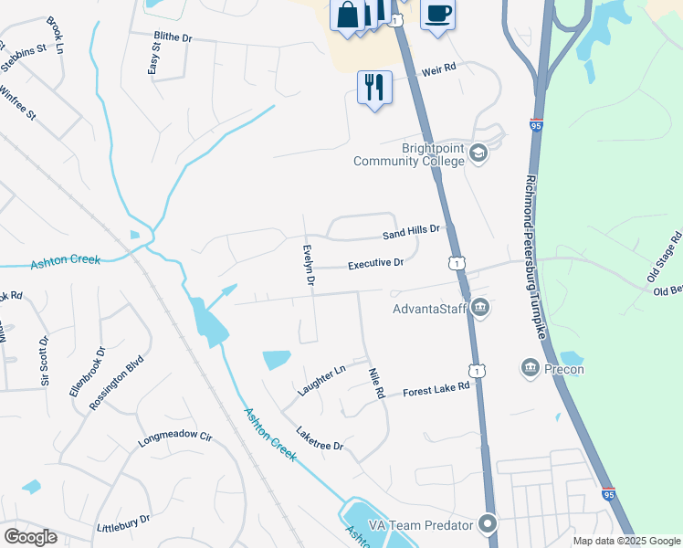 map of restaurants, bars, coffee shops, grocery stores, and more near 2811 Executive Drive in Chester