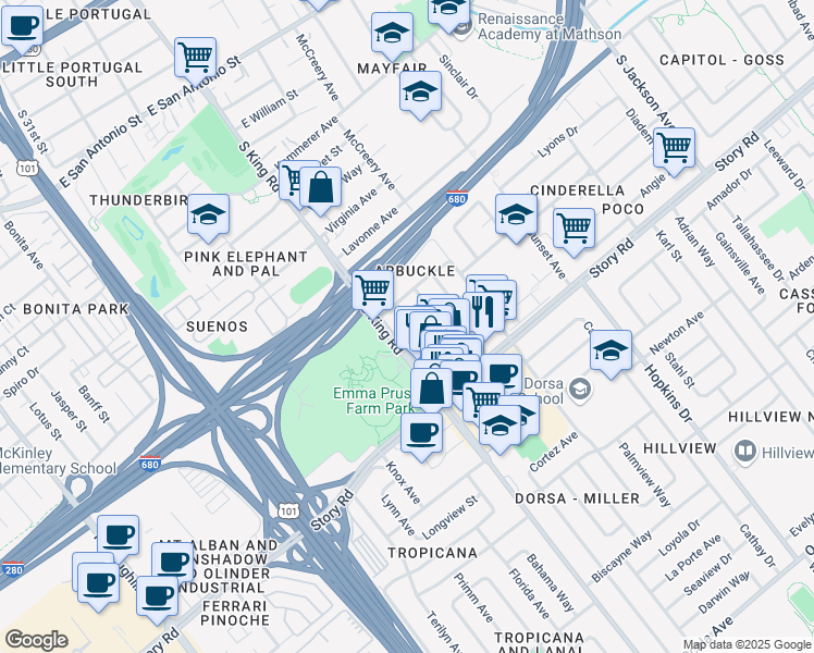 map of restaurants, bars, coffee shops, grocery stores, and more near 939 Tennyson Lane in San Jose