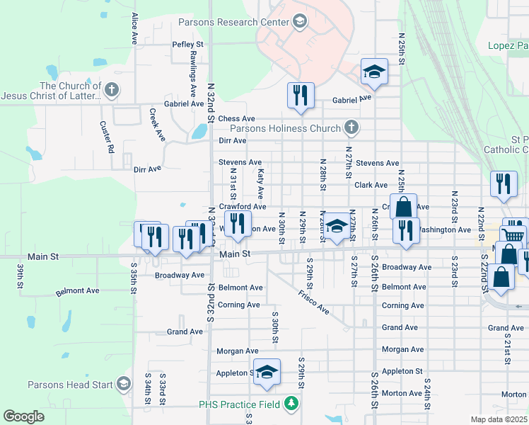 map of restaurants, bars, coffee shops, grocery stores, and more near 3018 Crawford Avenue in Parsons