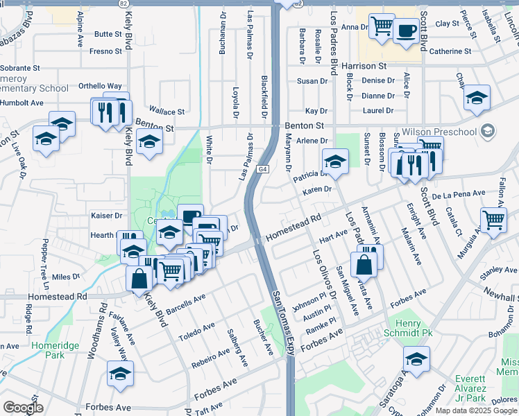 map of restaurants, bars, coffee shops, grocery stores, and more near 2440 Karen Drive in Santa Clara