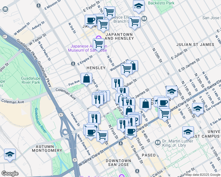 map of restaurants, bars, coffee shops, grocery stores, and more near 329 North 4th Street in San Jose