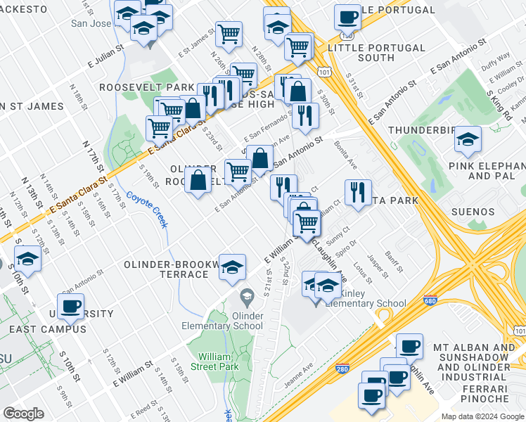 map of restaurants, bars, coffee shops, grocery stores, and more near 281 South 23rd Street in San Jose