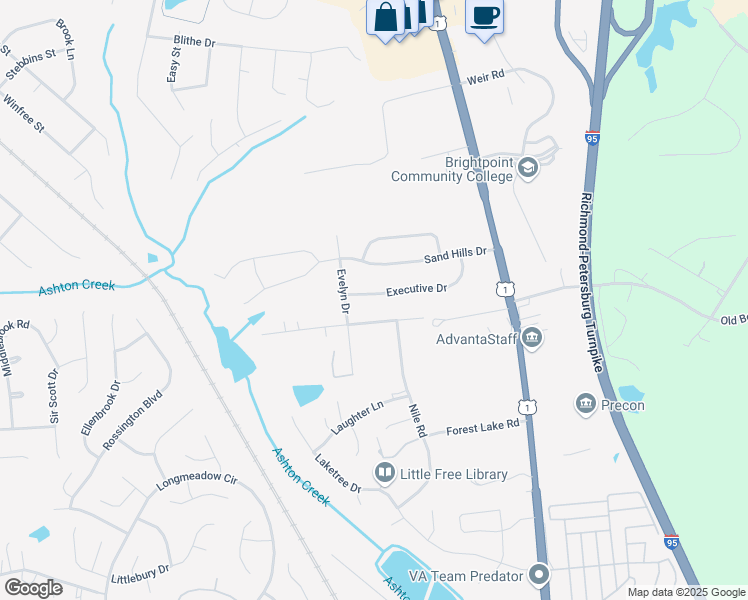 map of restaurants, bars, coffee shops, grocery stores, and more near 2813 Executive Drive in Chester