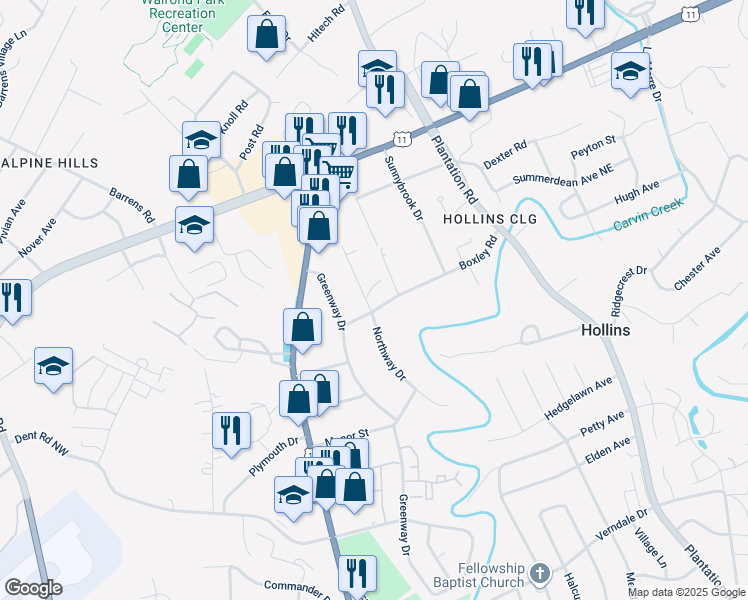 map of restaurants, bars, coffee shops, grocery stores, and more near 7007 Northway Drive in Hollins