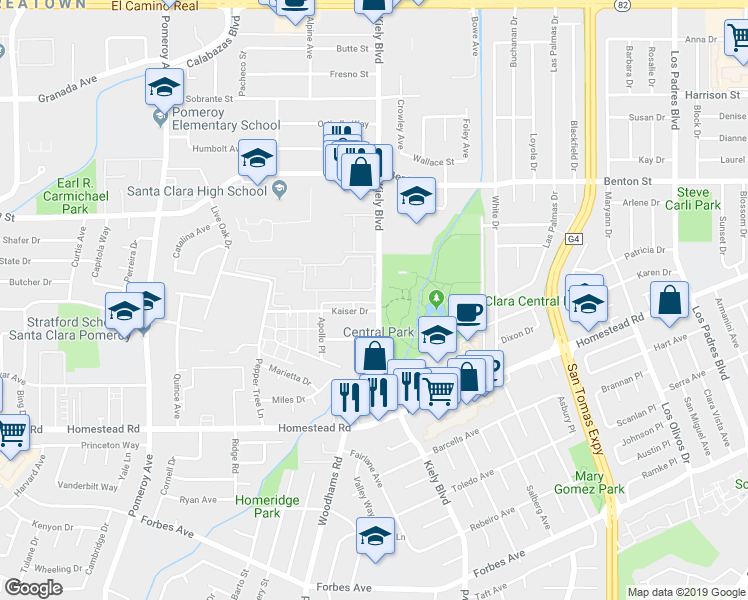 map of restaurants, bars, coffee shops, grocery stores, and more near 2955 Via Roma Place in Santa Clara