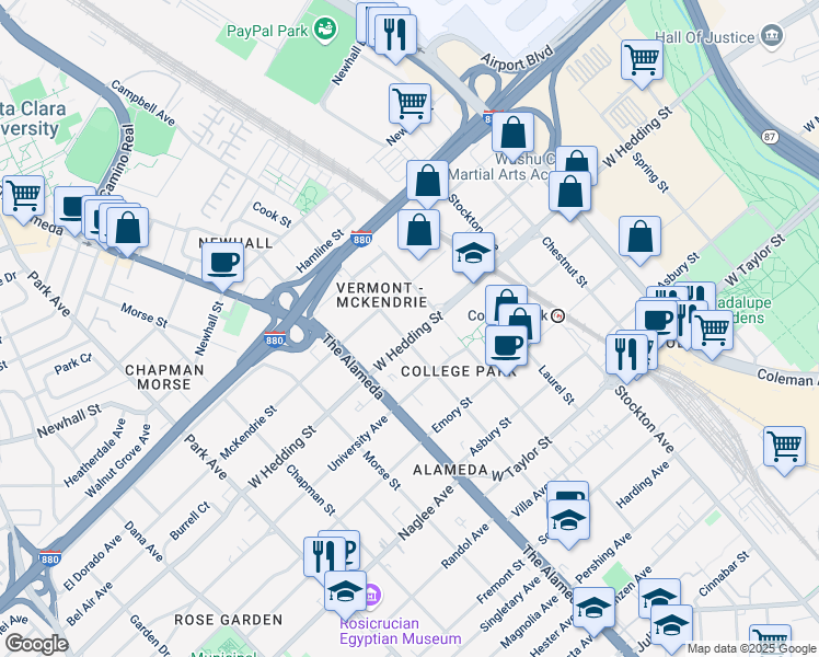 map of restaurants, bars, coffee shops, grocery stores, and more near 920 Myrtle Street in San Jose