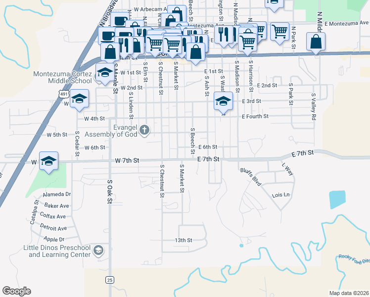 map of restaurants, bars, coffee shops, grocery stores, and more near 7 East 6th Street in Cortez