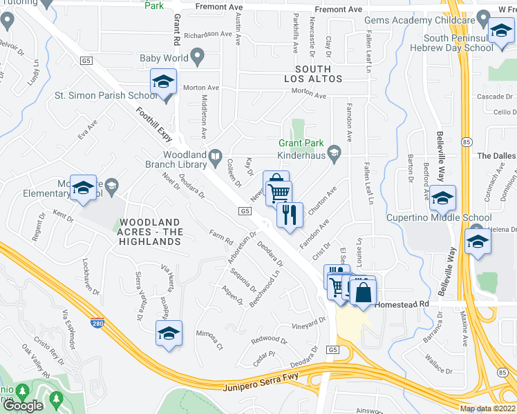 map of restaurants, bars, coffee shops, grocery stores, and more near 2049 Grant Road in Los Altos