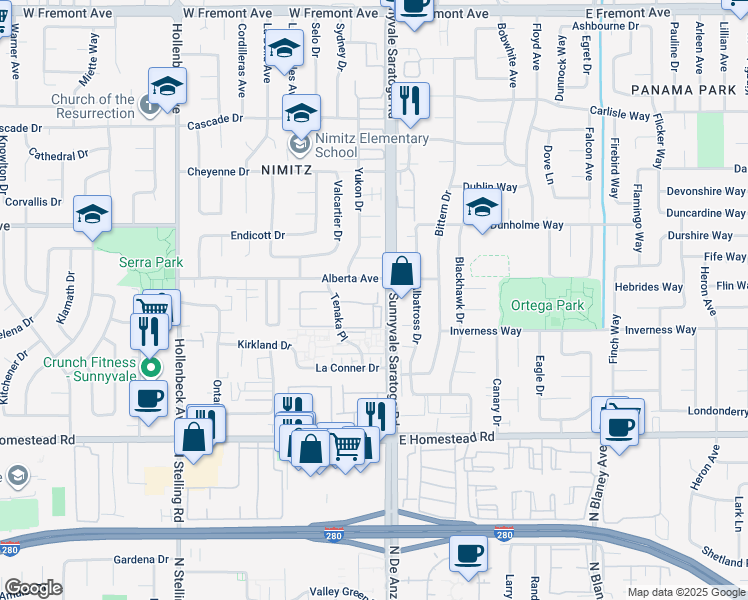 map of restaurants, bars, coffee shops, grocery stores, and more near 507 Granger Terrace in Sunnyvale