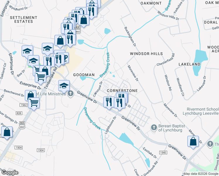map of restaurants, bars, coffee shops, grocery stores, and more near 201 Capital Street in Lynchburg