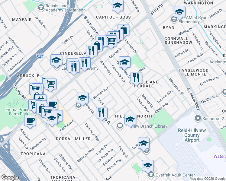 map of restaurants, bars, coffee shops, grocery stores, and more near 1340 Karl Street in San Jose