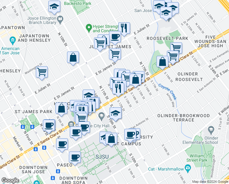 map of restaurants, bars, coffee shops, grocery stores, and more near 75 North 12th Street in San Jose