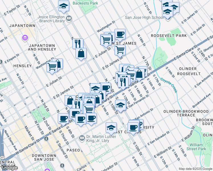 map of restaurants, bars, coffee shops, grocery stores, and more near 95 North 11th Street in San Jose
