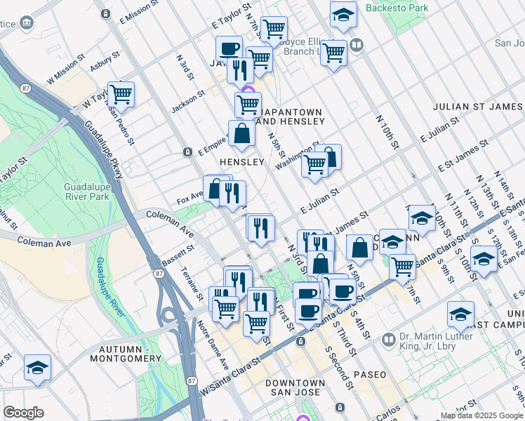 map of restaurants, bars, coffee shops, grocery stores, and more near 350 North 2nd Street in San Jose