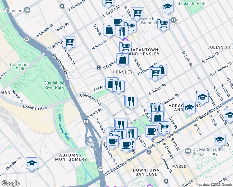 map of restaurants, bars, coffee shops, grocery stores, and more near 415 North 2nd Street in San Jose