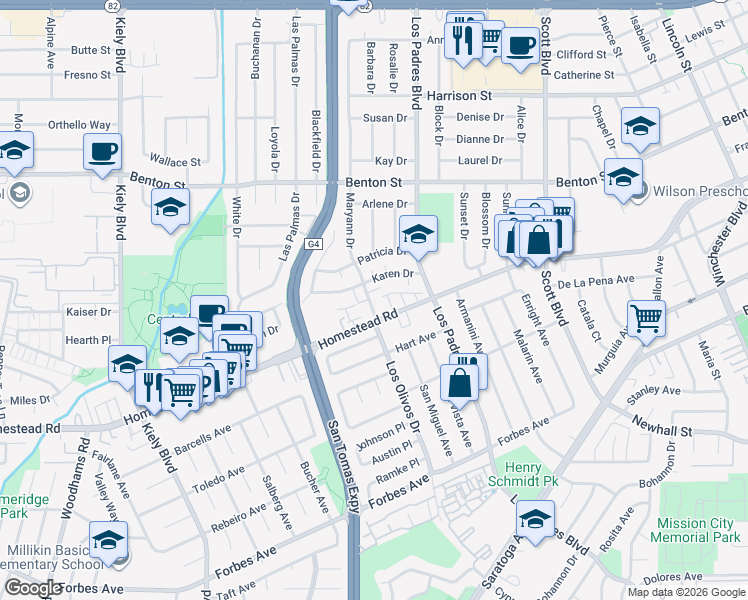 map of restaurants, bars, coffee shops, grocery stores, and more near 2361 De Varona Place in Santa Clara