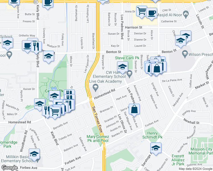 map of restaurants, bars, coffee shops, grocery stores, and more near 2416 Karen Drive in Santa Clara