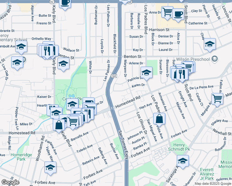 map of restaurants, bars, coffee shops, grocery stores, and more near 2440 Karen Drive in Santa Clara