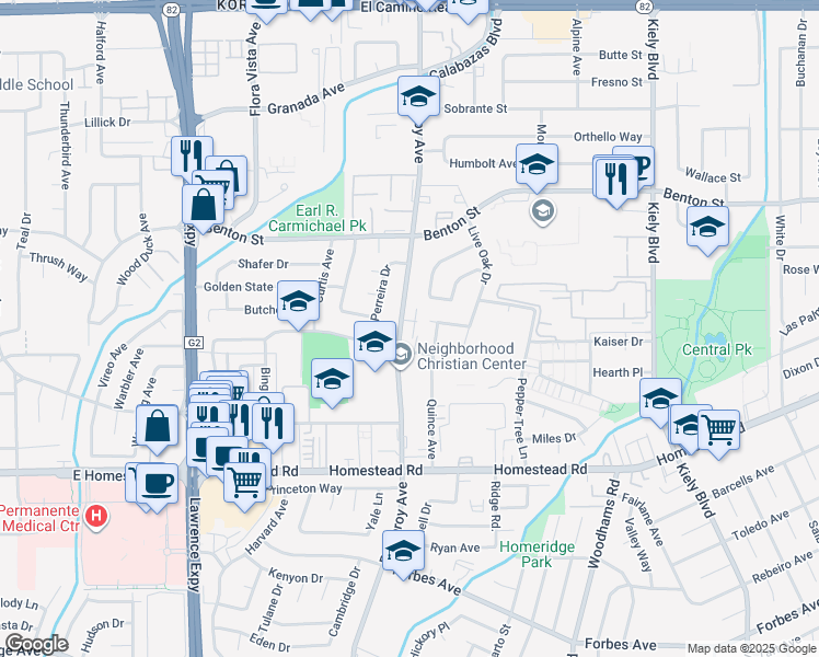 map of restaurants, bars, coffee shops, grocery stores, and more near 926 Pomeroy Avenue in Santa Clara