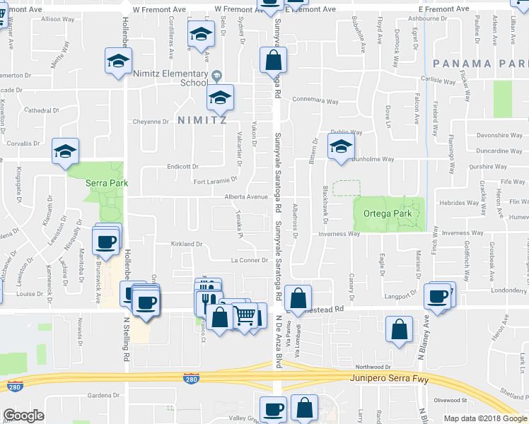 map of restaurants, bars, coffee shops, grocery stores, and more near in Sunnyvale
