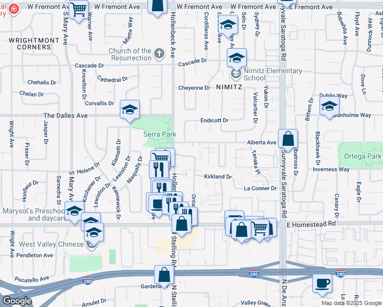 map of restaurants, bars, coffee shops, grocery stores, and more near 1565 Oak Point Terrace in Sunnyvale