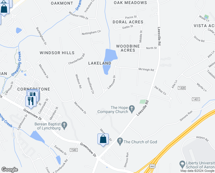 map of restaurants, bars, coffee shops, grocery stores, and more near 1109 Lakeview Drive in Lynchburg
