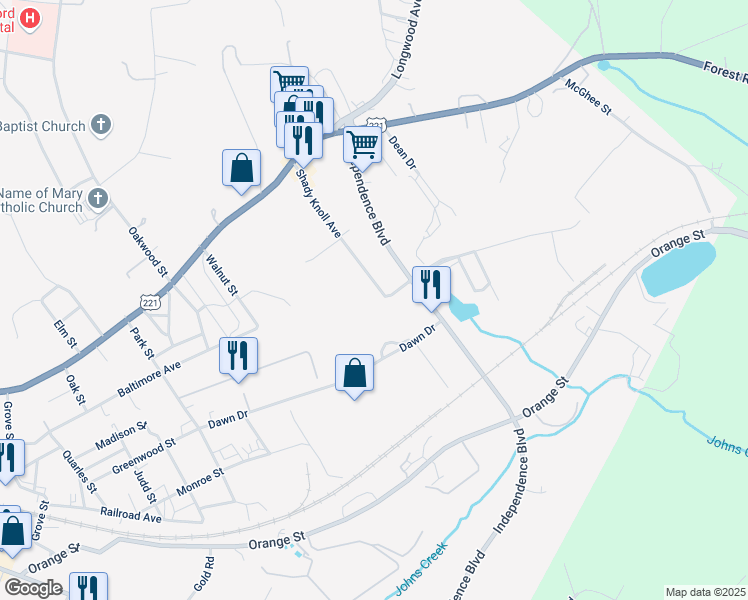 map of restaurants, bars, coffee shops, grocery stores, and more near 1656 Shady Knoll Avenue in Bedford
