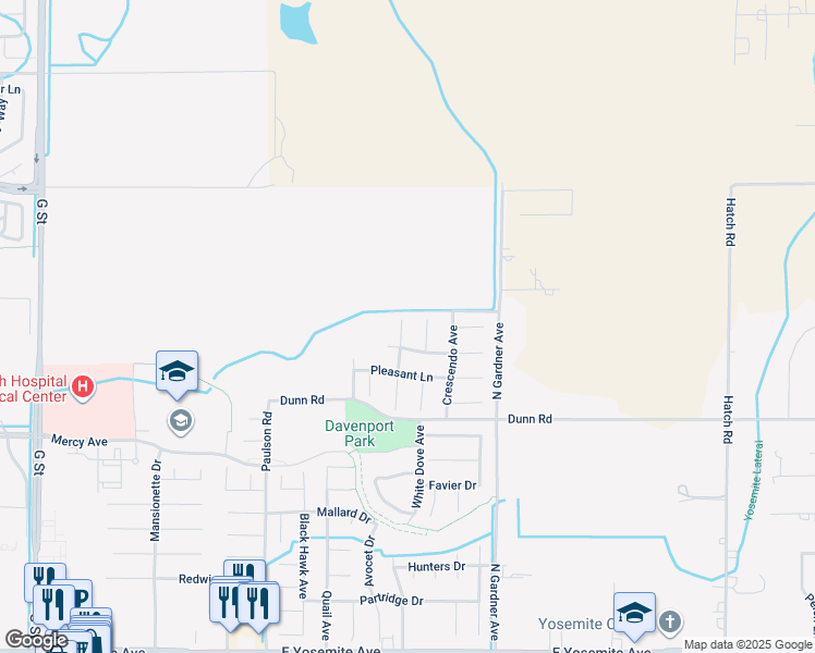 map of restaurants, bars, coffee shops, grocery stores, and more near 4130 Canopy Court in Merced