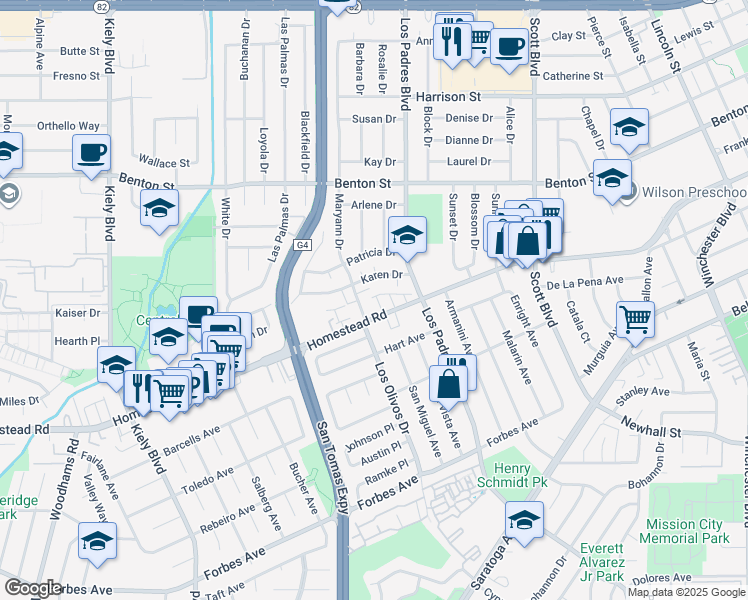 map of restaurants, bars, coffee shops, grocery stores, and more near 2360 De Varona Place in Santa Clara