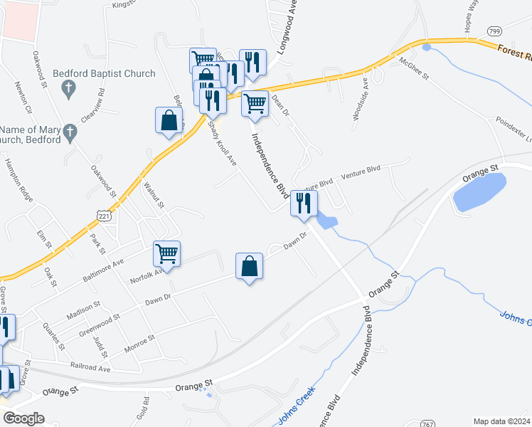 map of restaurants, bars, coffee shops, grocery stores, and more near 1656 Shady Knoll Avenue in Bedford
