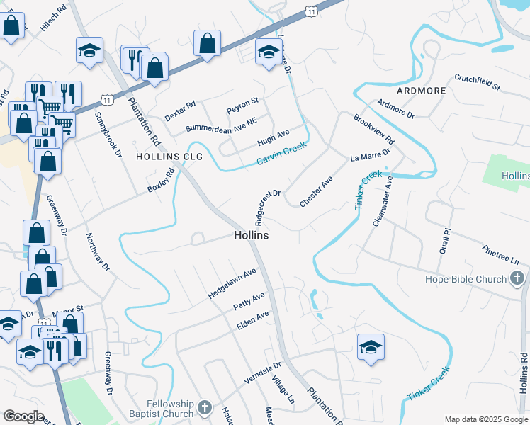 map of restaurants, bars, coffee shops, grocery stores, and more near 635 Ridgecrest Drive in Roanoke