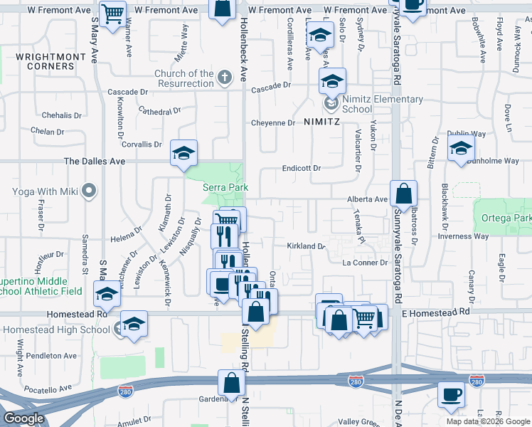 map of restaurants, bars, coffee shops, grocery stores, and more near 1565 Oak Point Terrace in Sunnyvale