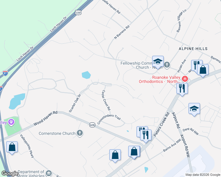 map of restaurants, bars, coffee shops, grocery stores, and more near 7221 Scarlet Oak Drive in Hollins