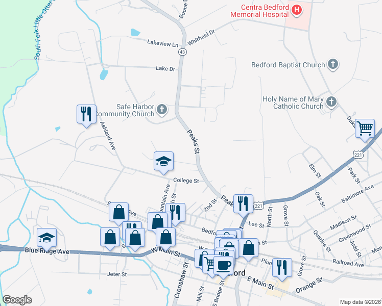 map of restaurants, bars, coffee shops, grocery stores, and more near 733 Peaks Street in Bedford