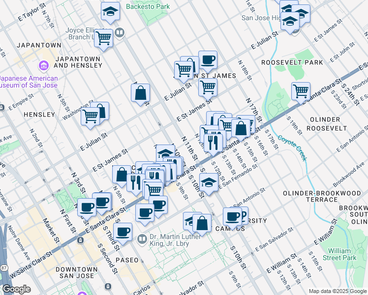 map of restaurants, bars, coffee shops, grocery stores, and more near 95 North 11th Street in San Jose