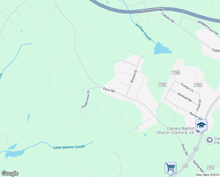 map of restaurants, bars, coffee shops, grocery stores, and more near Doss Road in Concord