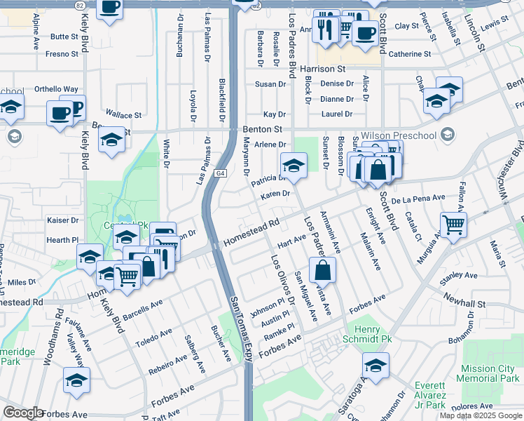 map of restaurants, bars, coffee shops, grocery stores, and more near 2361 De Varona Place in Santa Clara