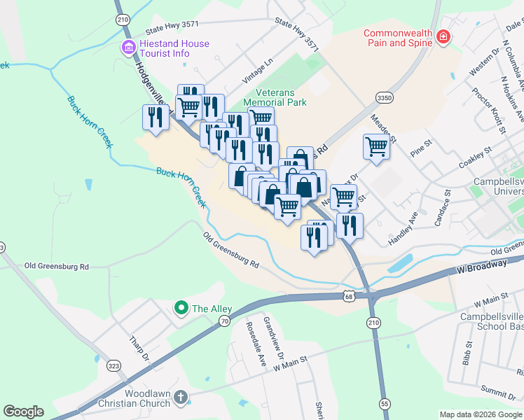 map of restaurants, bars, coffee shops, grocery stores, and more near 399 Campbellsville Bypass in Campbellsville