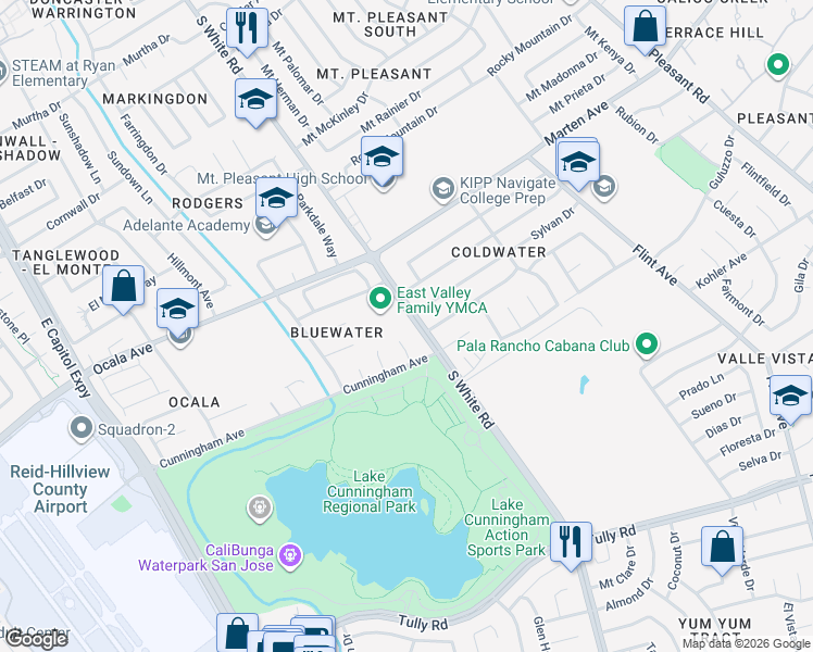 map of restaurants, bars, coffee shops, grocery stores, and more near 2009 South White Road in San Jose