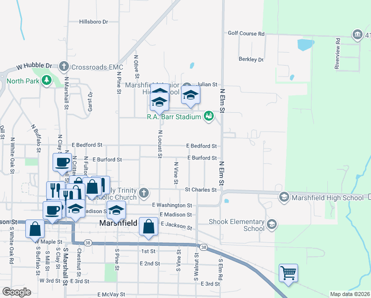 map of restaurants, bars, coffee shops, grocery stores, and more near 720 E Bedford St in Marshfield