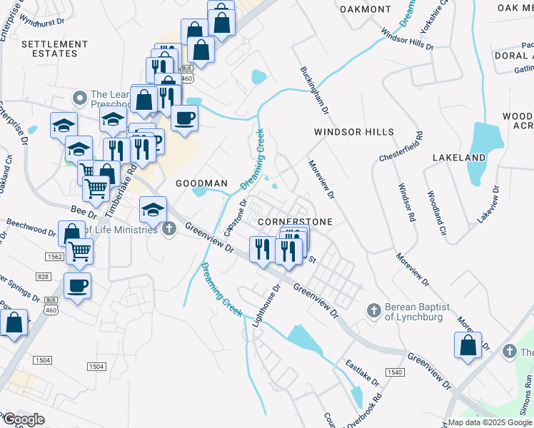 map of restaurants, bars, coffee shops, grocery stores, and more near 205 Capital Street in Lynchburg
