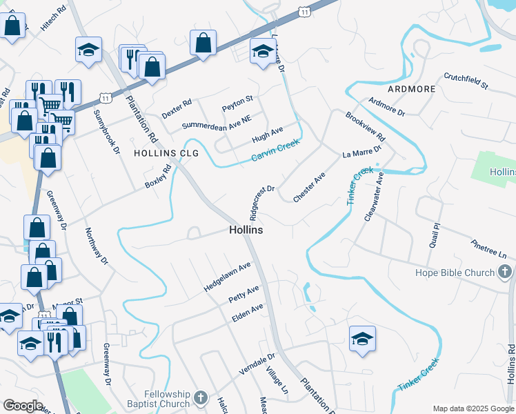 map of restaurants, bars, coffee shops, grocery stores, and more near 635 Ridgecrest Drive in Roanoke