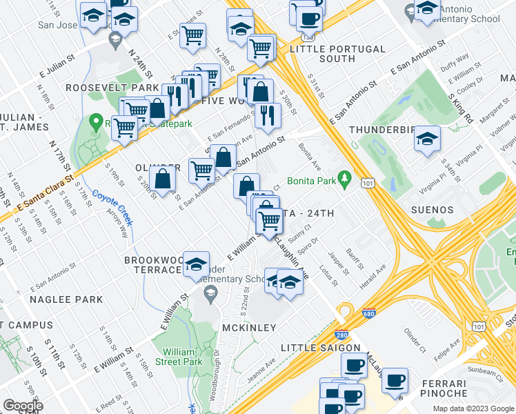 map of restaurants, bars, coffee shops, grocery stores, and more near 300 South 24th Street in San Jose
