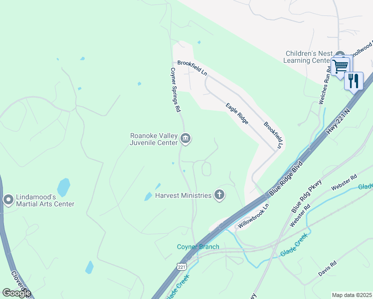 map of restaurants, bars, coffee shops, grocery stores, and more near 498 Coyner Springs Road in Roanoke