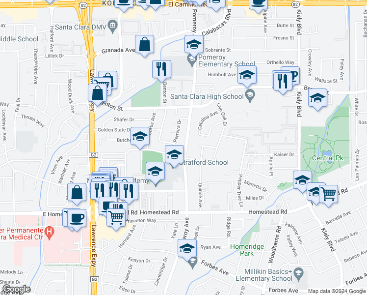 map of restaurants, bars, coffee shops, grocery stores, and more near 926 Pomeroy Avenue in Santa Clara