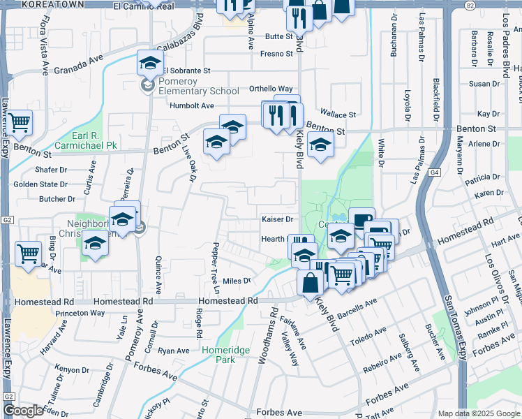 map of restaurants, bars, coffee shops, grocery stores, and more near 2901 Via Roma Place in Santa Clara