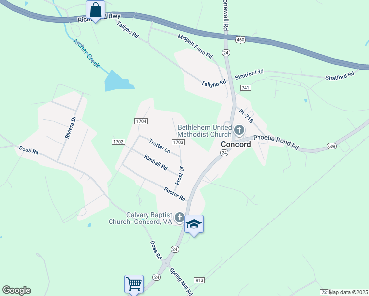 map of restaurants, bars, coffee shops, grocery stores, and more near 225 Frost Drive in Concord