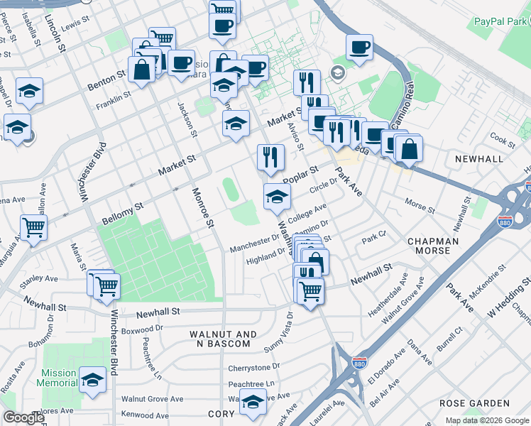 map of restaurants, bars, coffee shops, grocery stores, and more near 270 Washington Street in Santa Clara