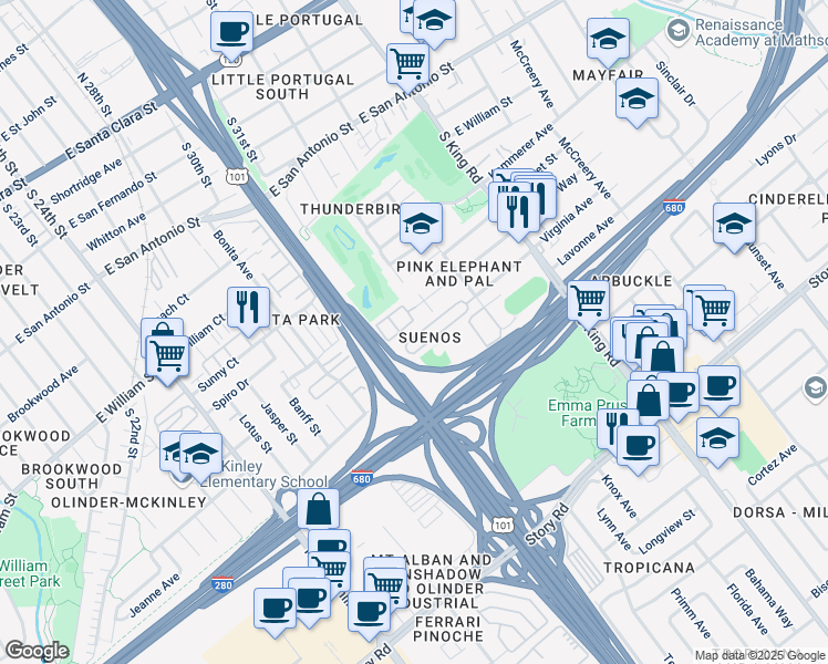map of restaurants, bars, coffee shops, grocery stores, and more near 655 South 34th Street in San Jose