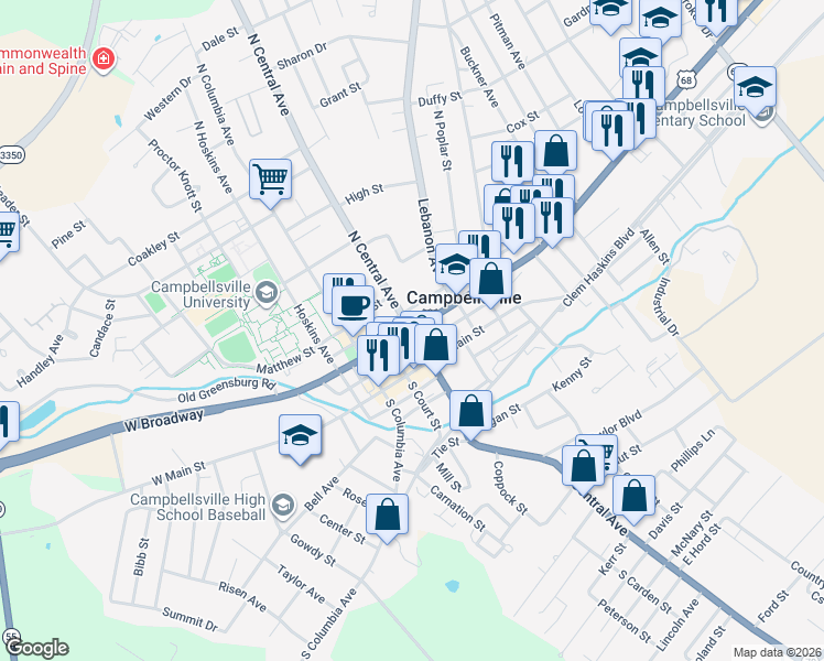 map of restaurants, bars, coffee shops, grocery stores, and more near 204 East Broadway in Campbellsville